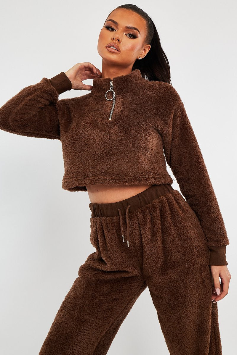 Chocolate Cropped Zip Front Teddy Jumper - Brady-Jumper