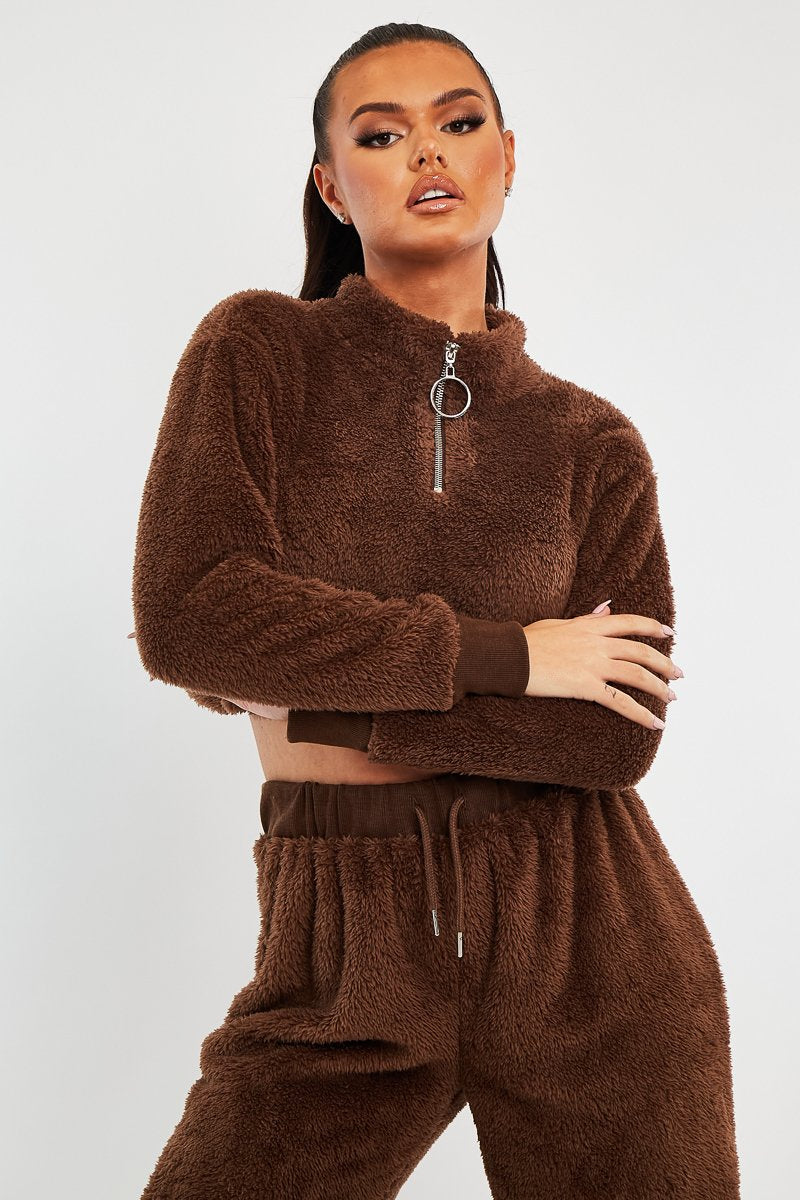 Chocolate Cropped Zip Front Teddy Jumper - Brady-Jumper