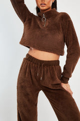 Chocolate Cropped Zip Front Teddy Jumper - Brady-Jumper