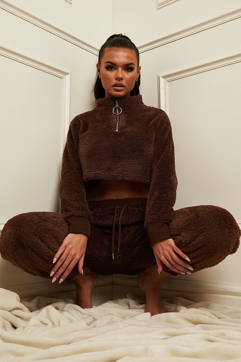 Chocolate Cropped Zip Front Teddy Jumper - Brady-Jumper
