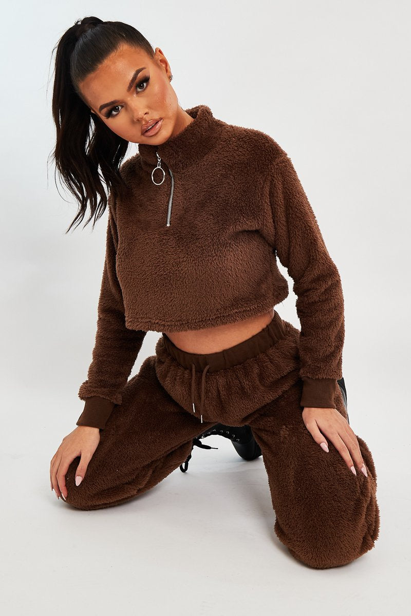 Chocolate Cropped Zip Front Teddy Jumper - Brady-Jumper