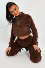 Chocolate Cropped Zip Front Teddy Jumper - Brady-Jumper