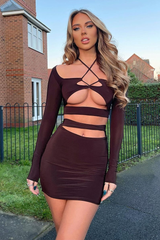 Chocolate Cut Out Tie Front Crop Top & Mini Skirt Set - Kayla