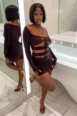 Chocolate Cut Out Tie Front Crop Top & Mini Skirt Set - Kayla
