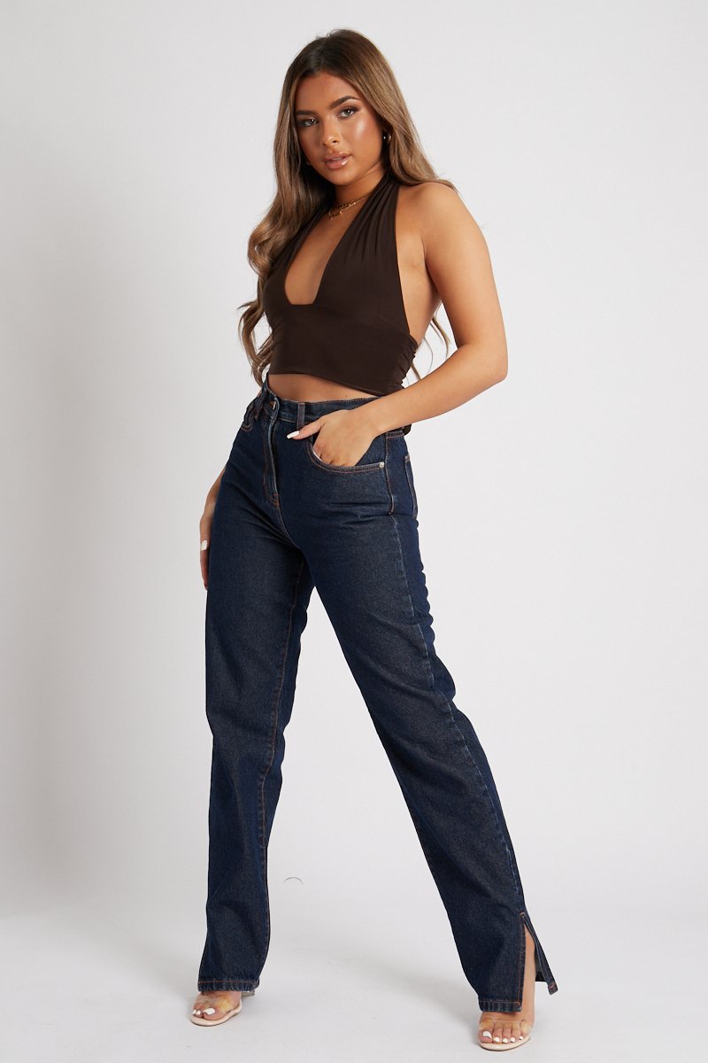 Chocolate Halter Neck Slinky Crop Top - Jessabel-Crop Tops