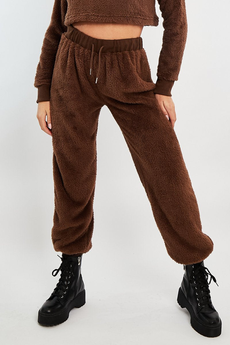 Chocolate Oversized Teddy Joggers - Havana-Joggers