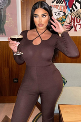 Chocolate Rib Tie Halter Neck Jumpsuit - Asha