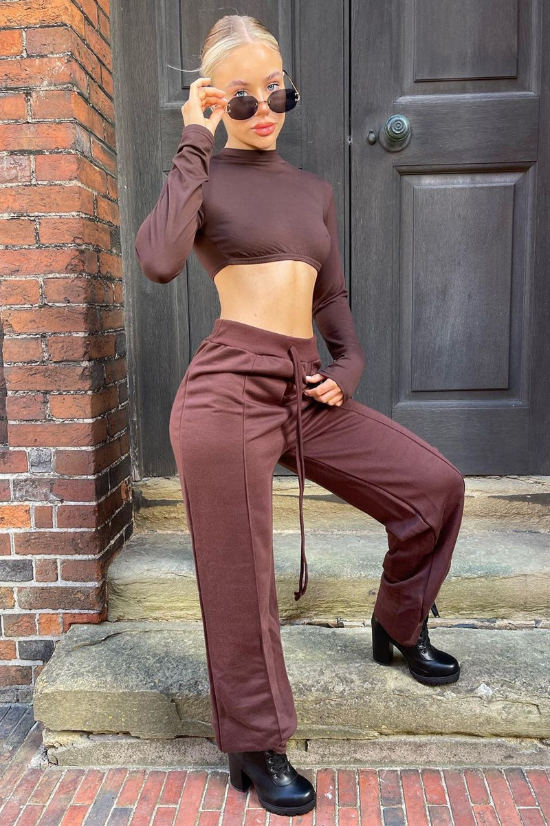 Chocolate Long Sleeve Underbust Crop Top - Tessa