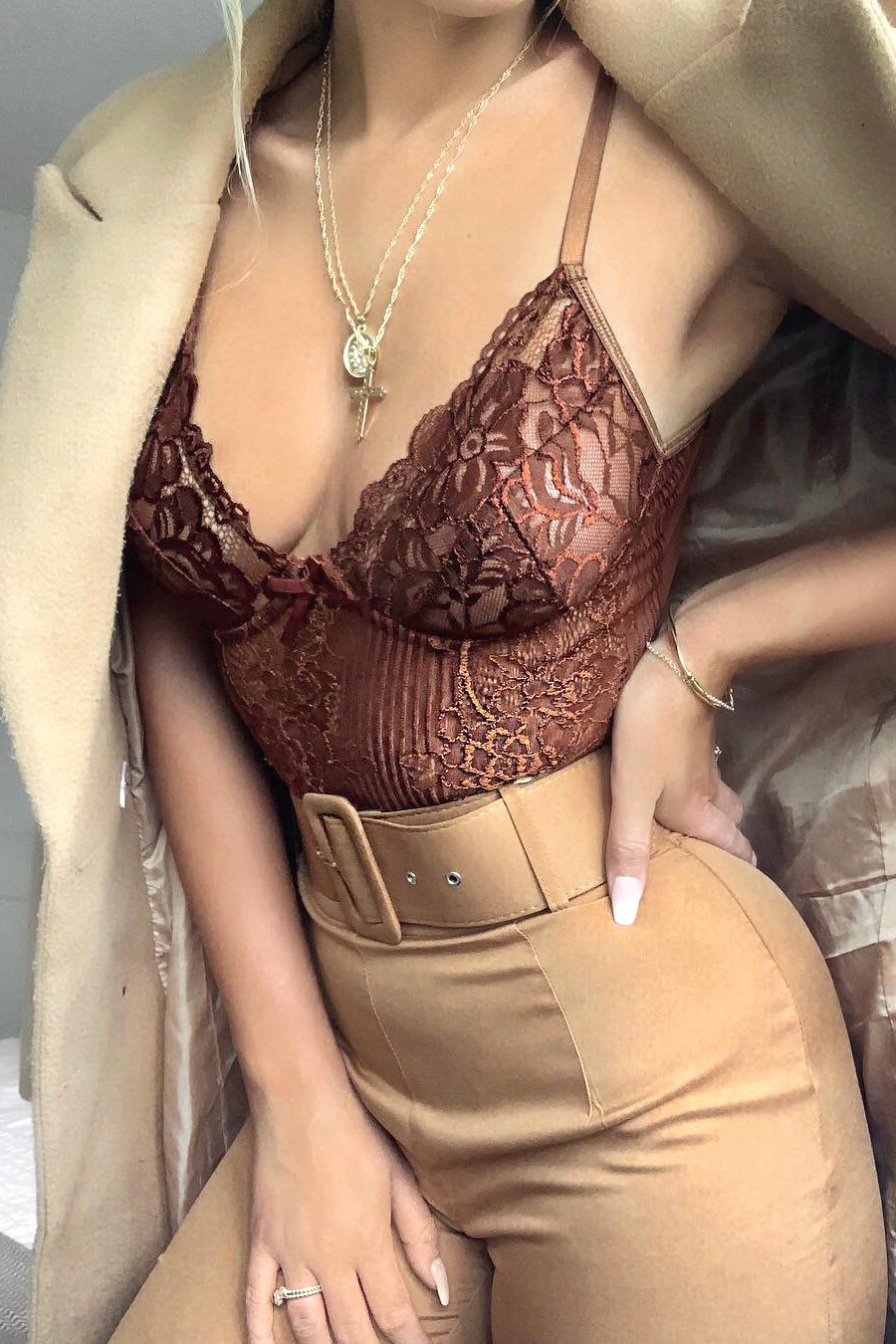 Chocolate Sheer Lace Bodysuit - Katia-Bodysuits