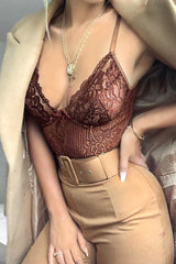 Chocolate Sheer Lace Bodysuit - Katia-Bodysuits
