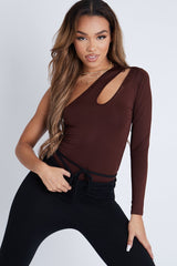 Chocolate Slinky Cut Out One Sleeve Bodysuit - Debby-Bodysuits
