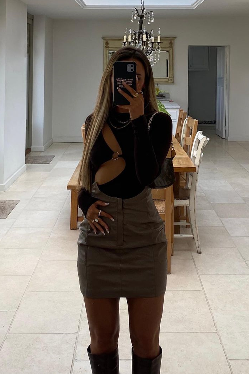 Mocha Pleather Waist Detail Mini Skirt - Syren