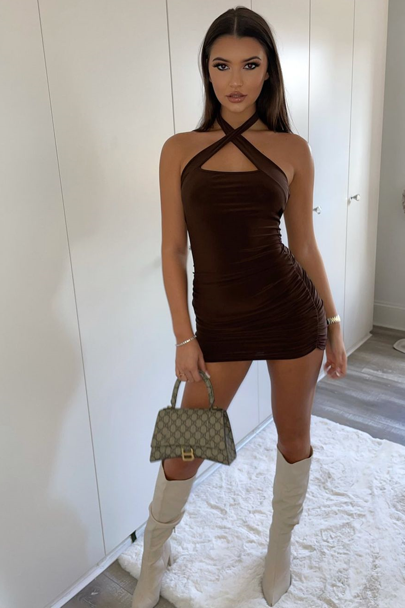 Chocolate Slinky Side Ruched Halter Neck Mini Dress | Dresses | Rebellious Fashion Chocolate Slinky Side Ruched Halter Neck Mini Dress | Dresses | Rebellious Fashion