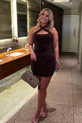 Chocolate Slinky Side Ruched Halter Neck Mini Dress - Azela