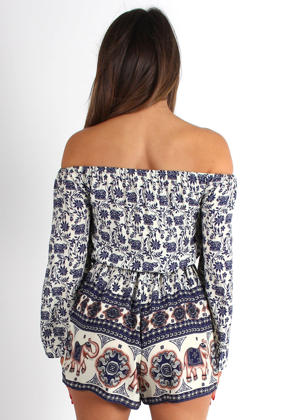 Christa Elephant Print Bell Sleeve Playsuit-Playsuits