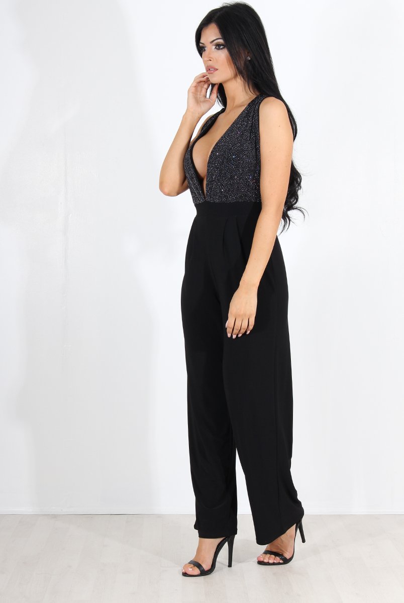 Cinder Black Glitter Jumpsuit-Jumpsuits