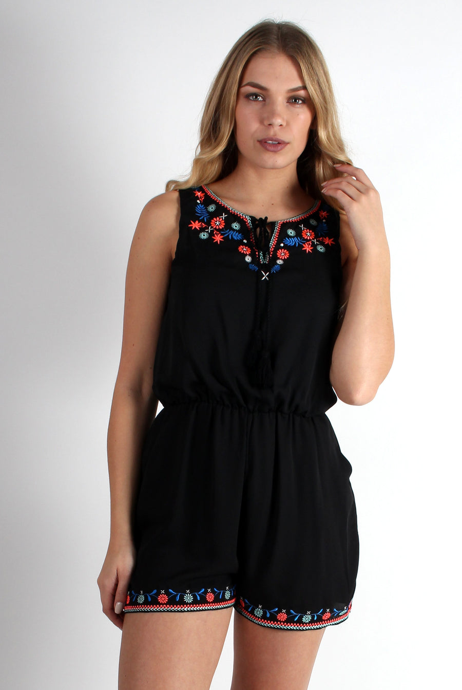 Cindy Black Floral Detail Platyuit-Dresses