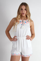 Cindy White Floral Detail Playsuit-Playsuits