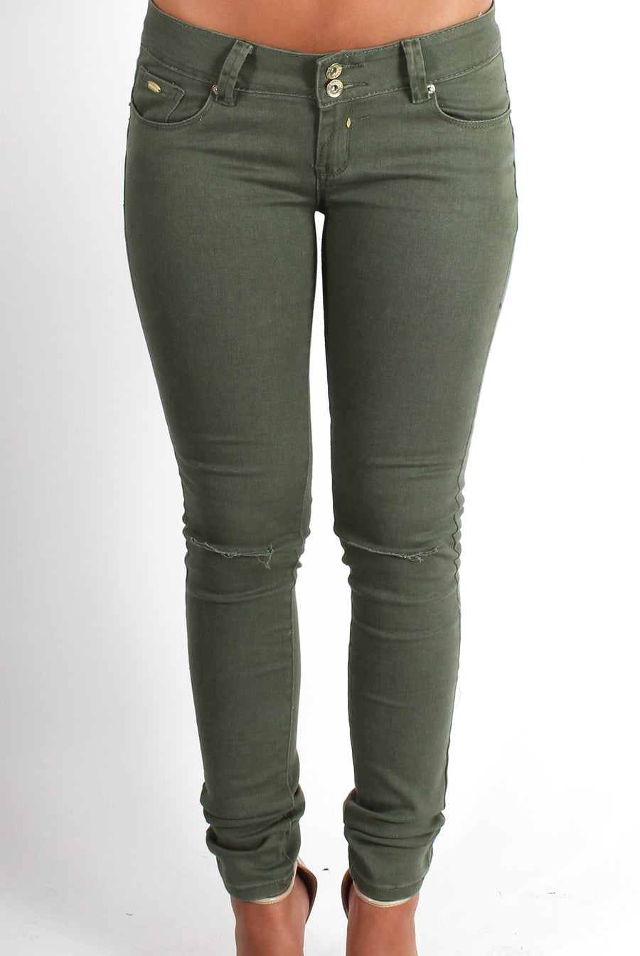 Clara Khaki Ripped Knee Jeans-Jeans