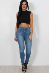 Claron Black Ribbed High Neck Crop Top-Crop Tops