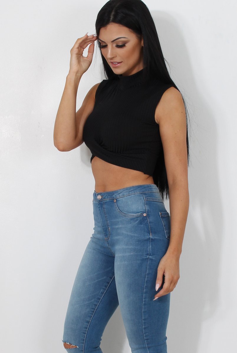 Claron Black Ribbed High Neck Crop Top-Crop Tops