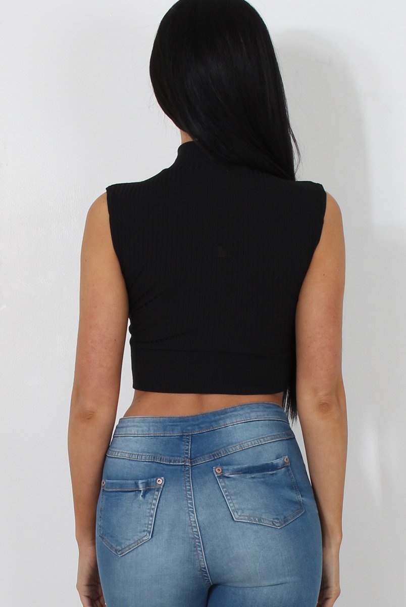 Claron Black Ribbed High Neck Crop Top-Crop Tops