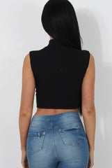 Claron Black Ribbed High Neck Crop Top-Crop Tops