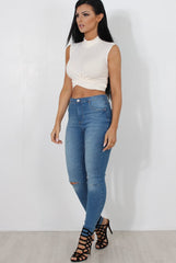 Claron White Ribbed High Neck Crop Top-Crop Tops