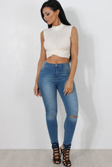 Claron White Ribbed High Neck Crop Top-Crop Tops