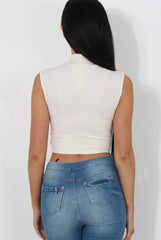 Claron White Ribbed High Neck Crop Top-Crop Tops