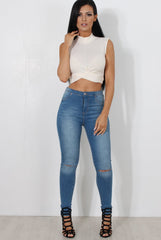 Claron White Ribbed High Neck Crop Top-Crop Tops