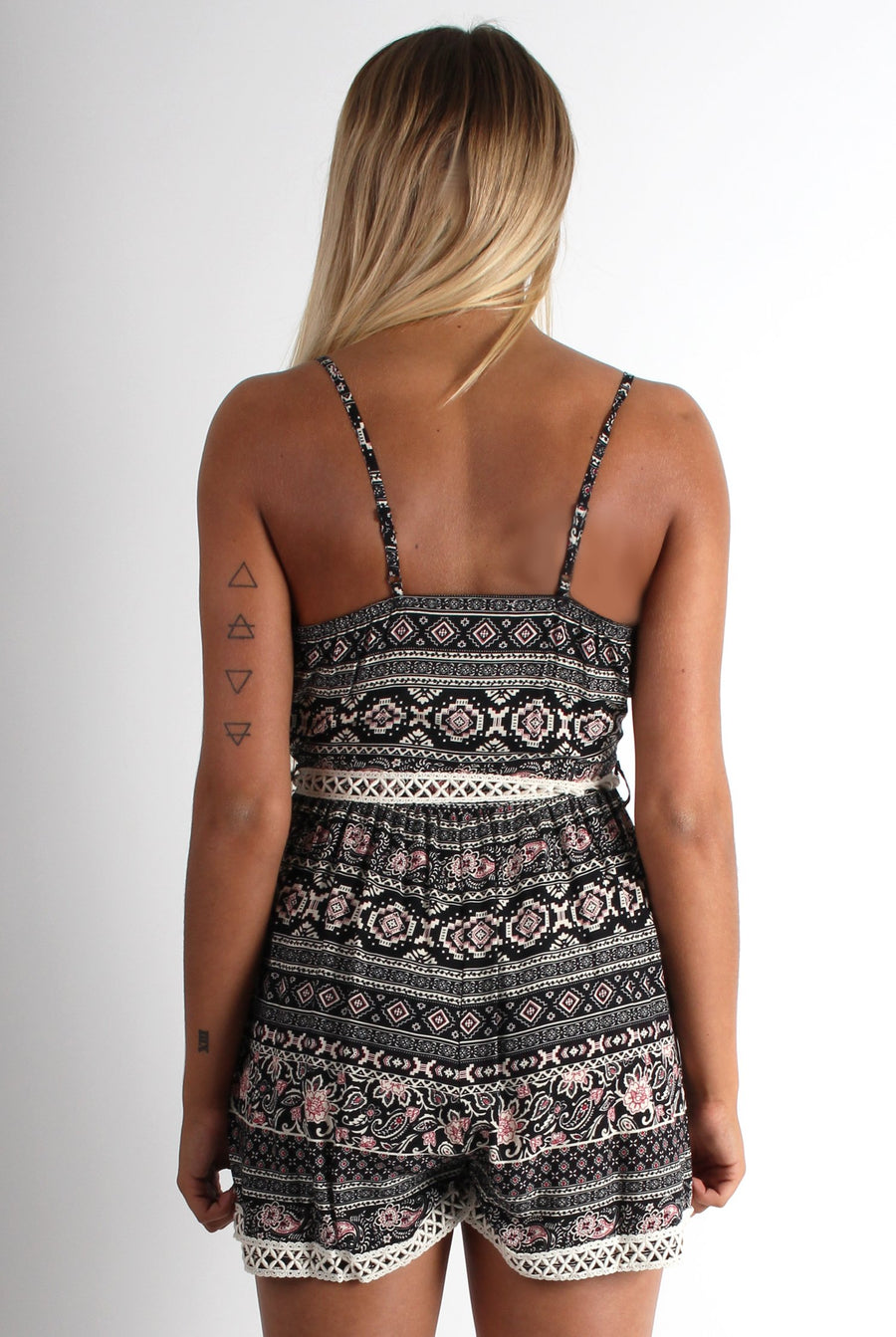 Claudia Black Paisley Lace Trim Playsuit-Playsuits