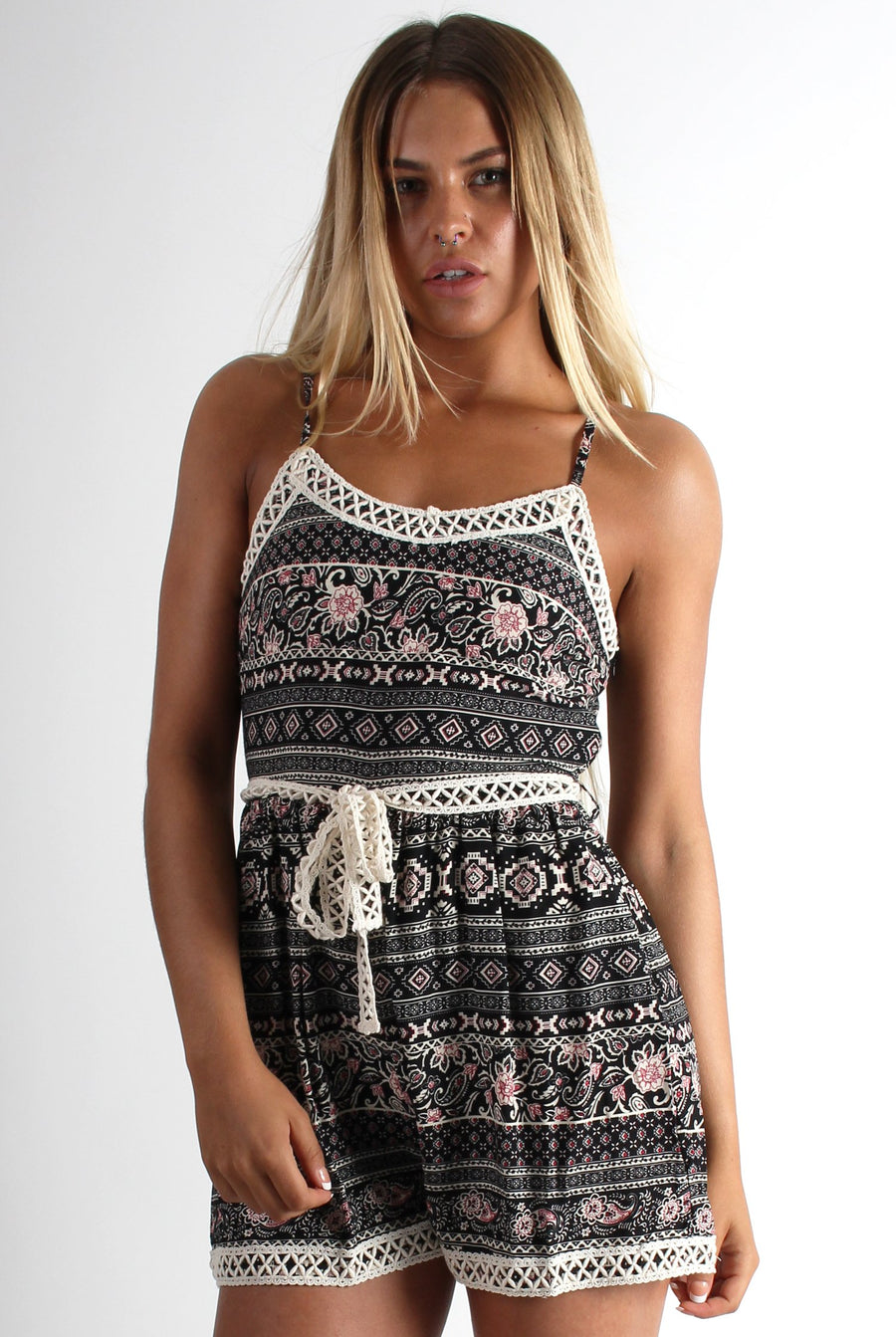 Claudia Black Paisley Lace Trim Playsuit-Playsuits