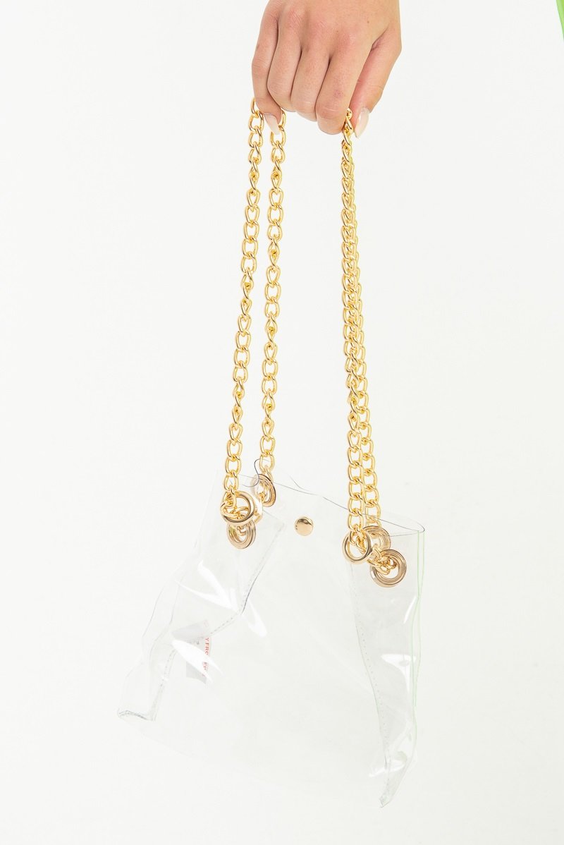 Clear Plastic Gold Chain Detail Bucket Bag - Emmelia-Bags