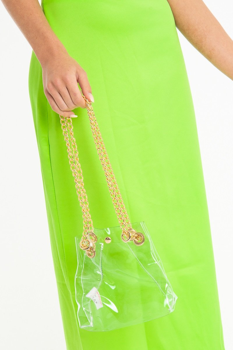 Clear Plastic Gold Chain Detail Bucket Bag - Emmelia-Bags