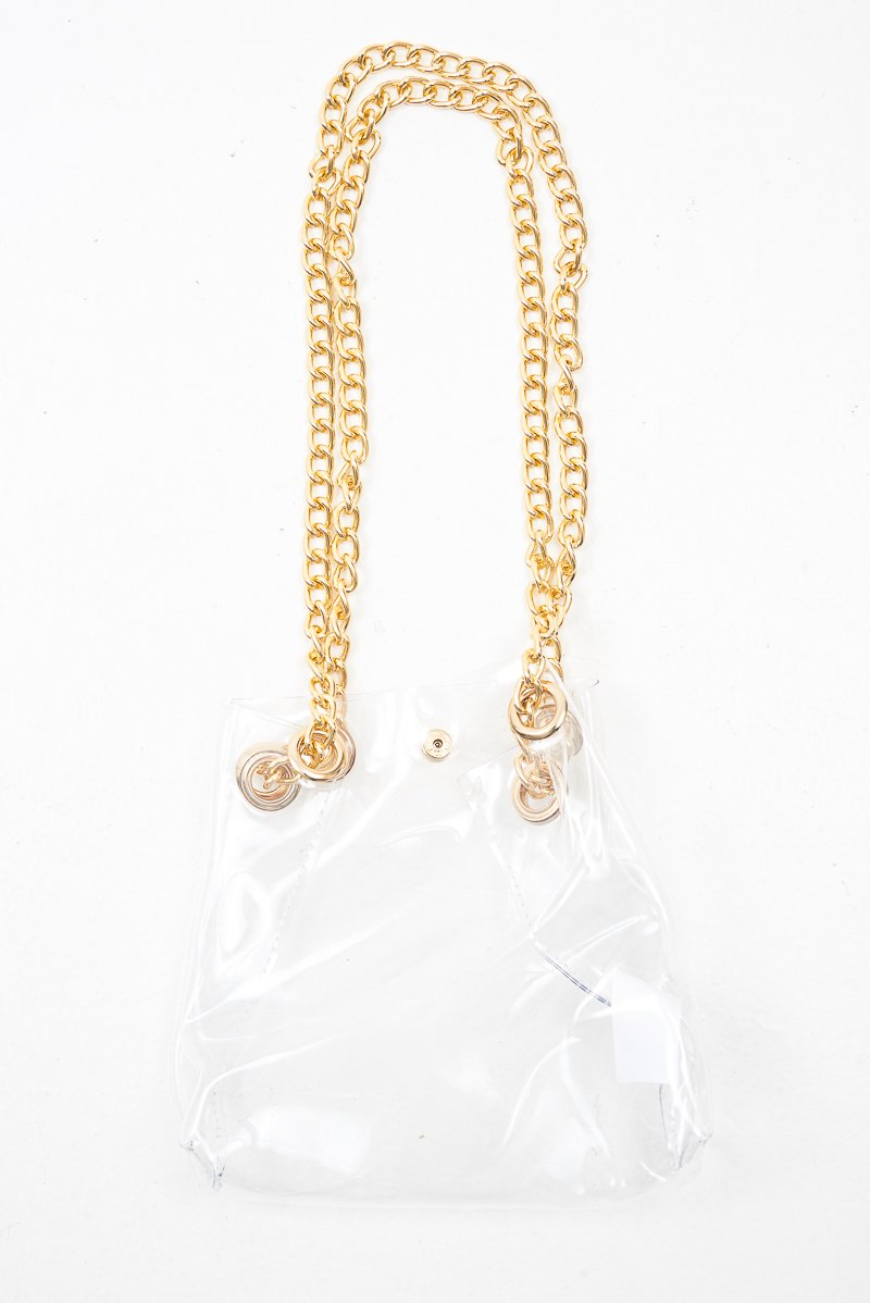 Clear Plastic Gold Chain Detail Bucket Bag - Emmelia-Bags
