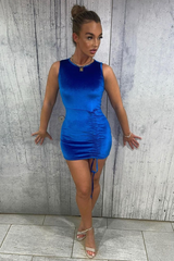 Cobalt Blue Side Gathered Velvet Mini Dress - Robyn