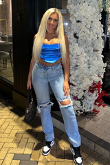 Mid Wash Denim Distressed Knee Extra Long Jeans - Ivelisse