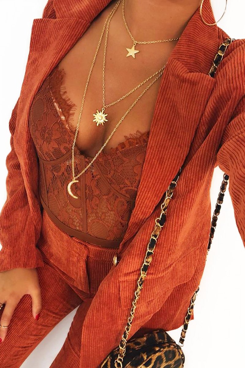 Coffee Lace Flower Bodysuit - Faylen-Bodysuits