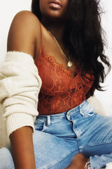 Coffee Lace Flower Bodysuit - Faylen-Bodysuits