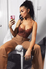 Coffee Lace Flower Bodysuit - Faylen-Bodysuits