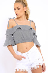 Cold Shoulder Frill Gingham Crop Top - MaryLou-Crop Tops