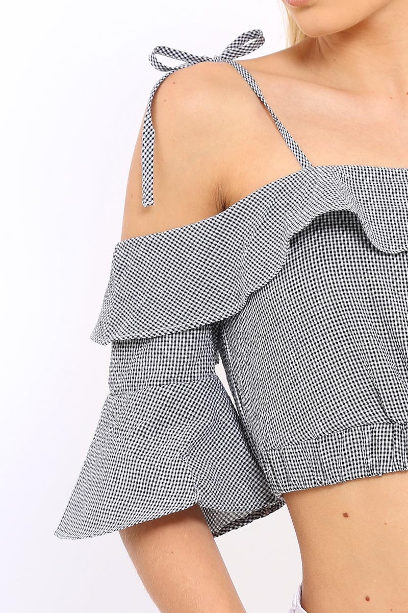 Cold Shoulder Frill Gingham Crop Top - MaryLou-Crop Tops