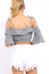 Cold Shoulder Frill Gingham Crop Top - MaryLou-Crop Tops
