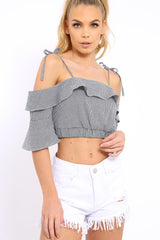 Cold Shoulder Frill Gingham Crop Top - MaryLou-Crop Tops