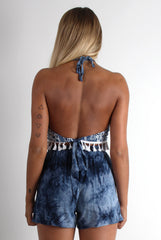 Connie Blue Elephant Print Tassel Crop Top-Tops