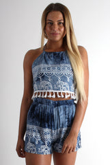 Connie Blue Elephant Print Tassel Crop Top-Tops