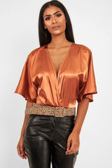 Copper Plunge Satin Bodysuit - Caelynn-Bodysuits