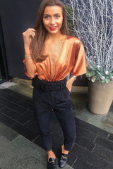 Copper Plunge Satin Bodysuit - Caelynn-Bodysuits