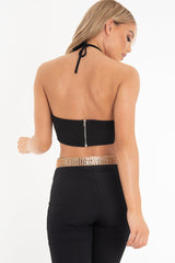 Copper Sequin Halter Neck Split Front Crop Top - Reese-Crop Tops
